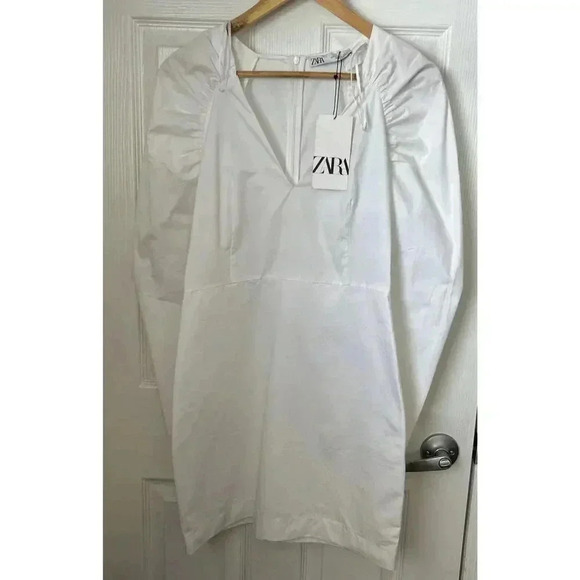 NWT Zara Poplin White Mini Dress Balloon Sleeves Zip Close Women’s Size Small - Picture 3 of 14